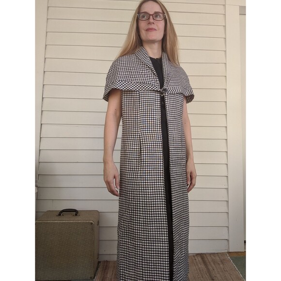 Vintage 60s Mod Black White Gingham Cloak Cape Red Lining S - Picture 6 of 8